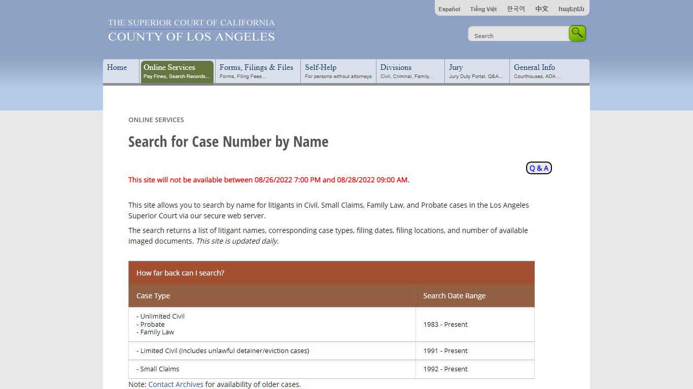 Search for Case Number by Name - Online Services - LA Court